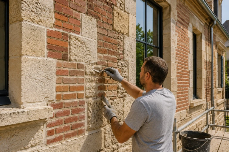 Restauration de façade en briques et pierre en conservant l’existant